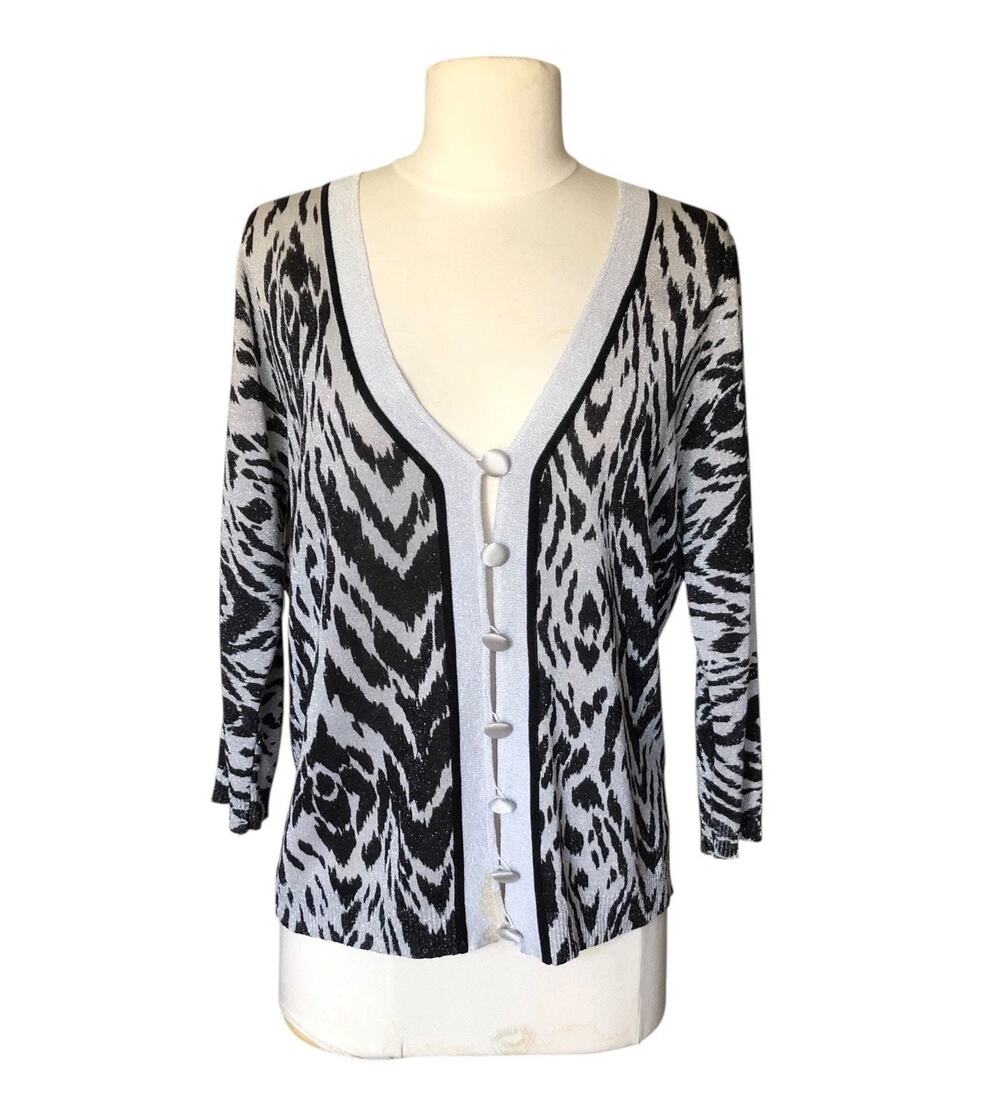 August Silk Cardigan Sweater Black Silver Metallic Animal Print Petite Large